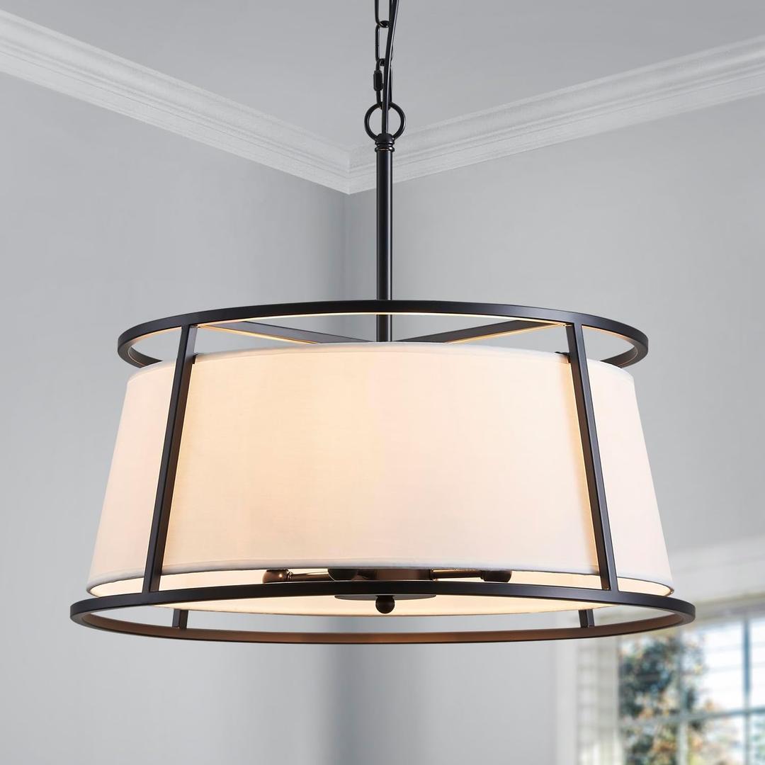 Shrine Lighting Drum Chandeliers, Modern Style, Perfect Pendant Light Fixture for Dining Room, Living Room, D20'' x H9'', Adjustable Chains 59'', E12*4 Sockets, White Lampshade & Black Finish Frame