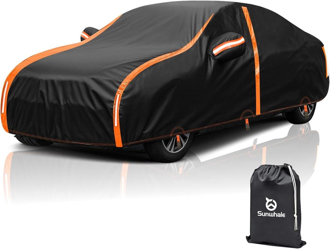 Car Cover Waterproof All Weather for Automobiles Winter Snowproof Rain UV Protection Heavy Duty Outdoor Sedan Car Cover & Car Snow Cover Universal Fit for Sedan Length Up to 185 (Orange)