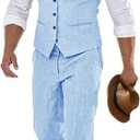 Linen Suits for Men Casual Wedding Suits Men 2 Piece Suits Groomsmen Tuxedos Summer Beach Prom Vest and Pants Set (Blue, XL)