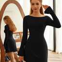 LAGSHIAN Women's Fall Long Sleeve Off Shoulder Trendy Ruched Stretch Bodycon Cocktail Party Flare Mini Dress (Black, M)
