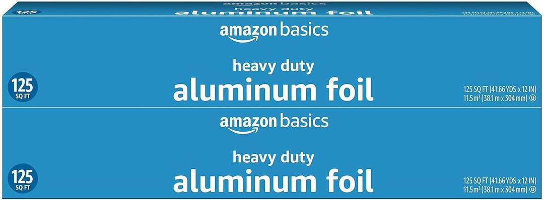 Amazon Basics Heavy Duty Aluminum Foil for Cooking, Grilling, Food Storage, Roasting, 125 Sq Ft, Pack of 2