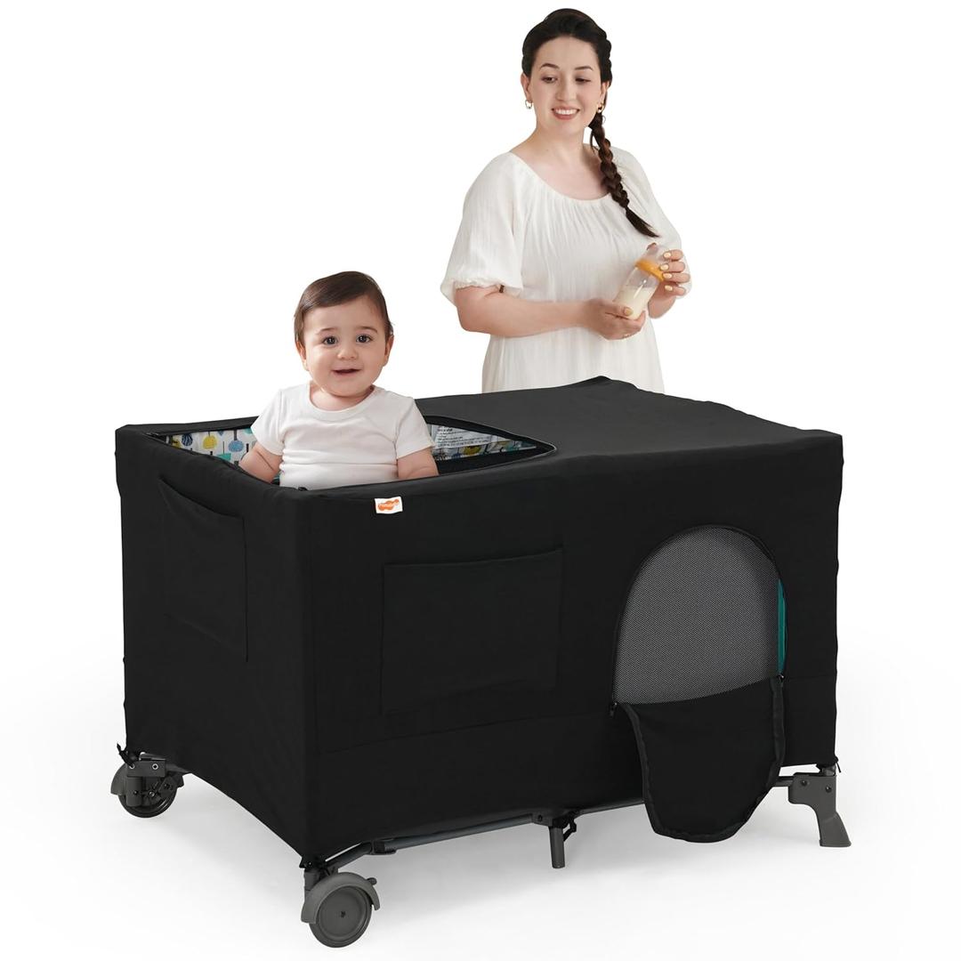 Pamo Babe Blackout Cover, Breathable Dark Cover for Pack and Play, Foldable & Stretchy Blackout Netting with Zippered Mesh for Travel Playard