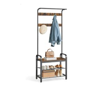 VASAGLE Coat Rack, Hall Tree with Shoe Bench for Entryway, Entryway Bench with Coat Rack, 4-in-1, with 9 Removable Hooks, a Hanging Rod, 13.3 x 28.3 x 72.1 Inches, Rustic Brown and Black UHSR40B