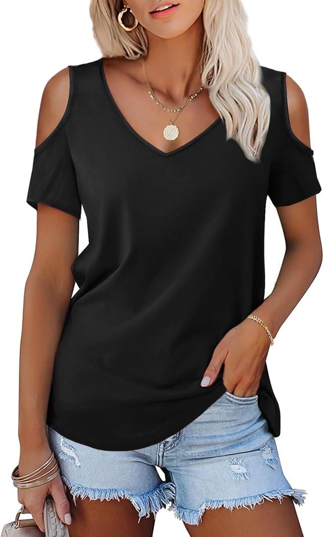 Amoretu Women's Short Sleeve Shirts Cold Shoulder Tops V Neck Blouse Tunic Shirts (Medium)