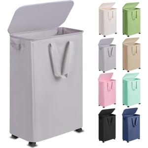 Slim Laundry Hamper with Lid and Wheels, Small Rolling Laundry Basket with Handle for Small Spaces, Tall Dirty Clothes Hampers for Dorm, Bathroom and Bedroom, 75L, Grey