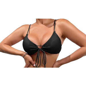 Meioro Bikini Top for Women Tie Front Triangle Bathing Suits, Solid V Neck, L