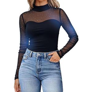 Women's Mock Neck Sparkly Mesh Sheer Long Sleeve Crop Blouse Shirt Blouse Top (Black, S)