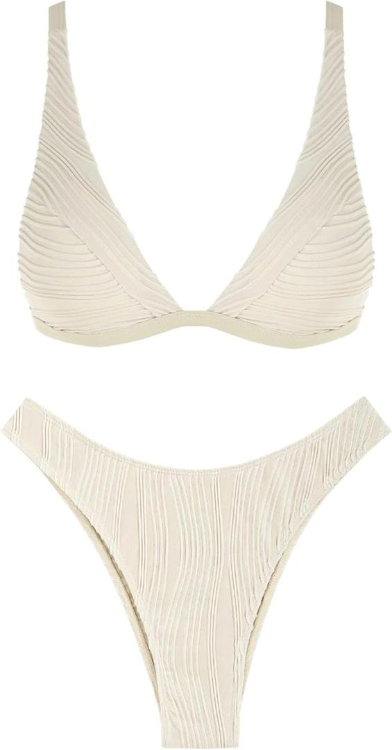 ZAFUL Women's Sexy Two Piece Swimwear Textured Triangle Plunging Neck High Cut Cheeky Bikini Set Solid Color Swimsuit (Large, Beige)