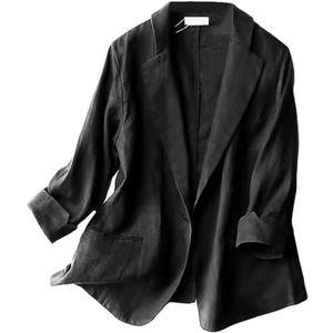 Kinghua Women's Casual One Button Linen Blazer Jackets Lapel 3/4 Sleeve Suit Blazer (Black, )