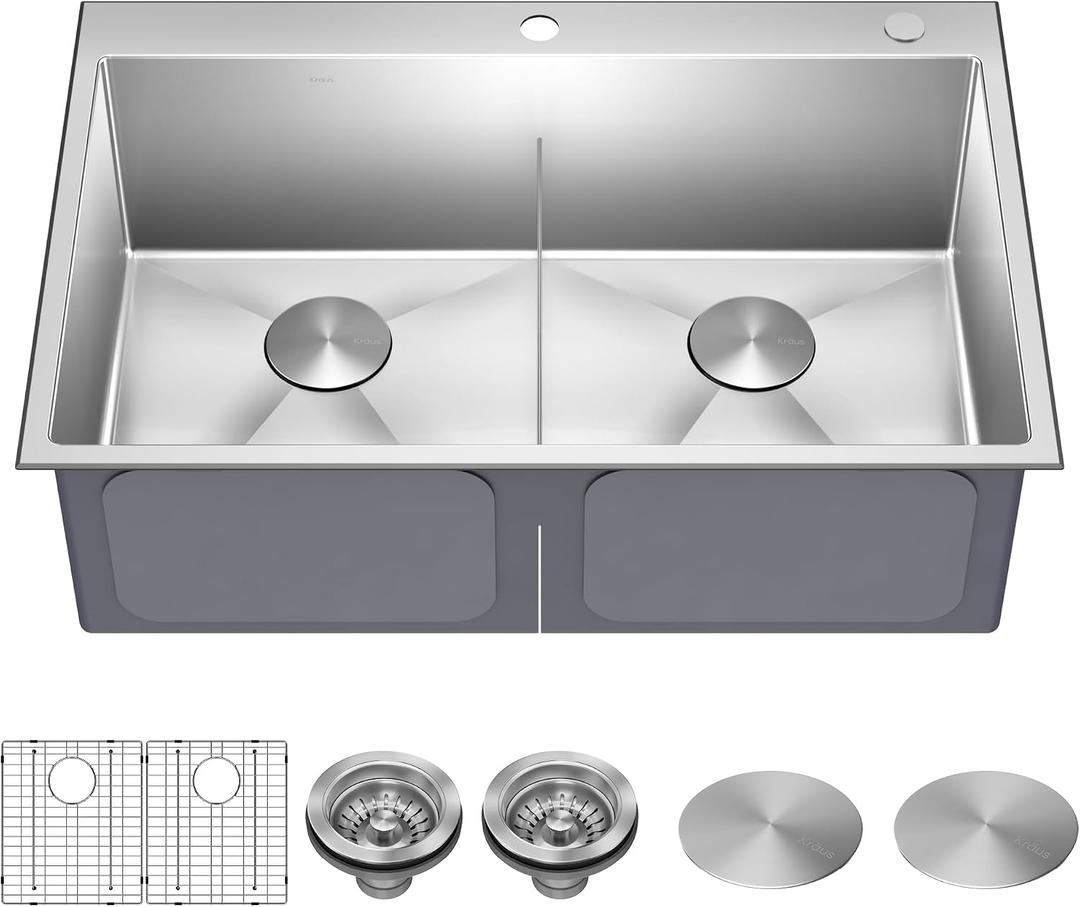KRAUS Standart PRO 33-inch Drop In/Undermount 16 Gauge Double Bowl 2-Hole Stainless Steel Kitchen Sink, KHT302-33