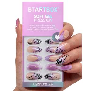 BTArtbox Press On Nails Medium - 3D Purple Butterfly French Tip Almond Press On Nails with Glue for Women, Opaque Soft Gel Glue On Nails in 15 Sizes - 30 Stick On Nails Kit, Flutter Besties
