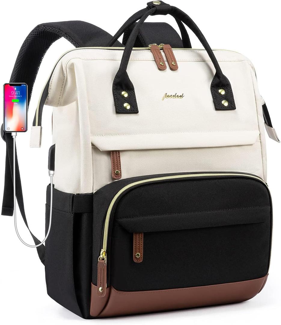 Backpack for Women Work Bags: 15.6 inch Laptop Backpack Purse Waterproof Backpacks with USB Charger College Bookbag Casual Business Computer Backpack for Travel Nurse Teacher (1-beige-black-brown)