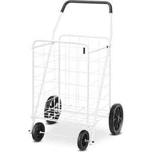 Whitmor Deluxe Utility Foldable Shopping Cart with Wheels, 100 Lb Capacity, Heavy Duty Grocery Cart with Steel Frame, Foam Handle, Rolling Folding Utility Trolley for Grocery, Laundry, Travel, White