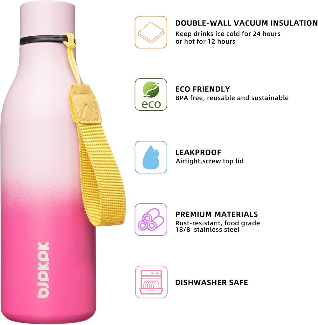 BJPKPK Insulated Water Bottles, 18 oz Stainless Steel Metal Water Bottle with Strap, BPA Free Leak Proof Thermos, Mugs, Flasks, Reusable Water Bottle for Sports & Travel, Cherry