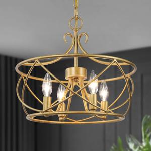 Chandelier for Living Room, 4 Light Drum Chandelier Modern Hanging Light Fixtures for Dining Room Bedroom Foyer (Gold)