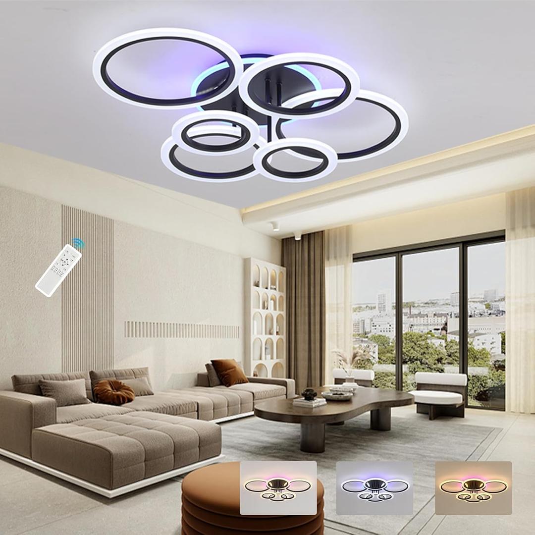 Modern LED Ceiling Light,Dimmable Ceiling Lights for Bedroom,70W Flush Mount Ceiling Light,6 Rings Lighting Fixture LED Ceiling Lamp for Kitchen,Living Room,Laundry Room,3000-6000K,Black