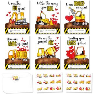3 x Construction Valentines Day Cards Gifts for Kids School, 24 Pack Construction Truck Valentine Classroom Exchange Cards for Boys Girls