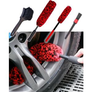 oesee Professional 4 Pack Long Handle Wheel Brush Kit for Cleaning Wheel and Tire- 2X Soft Wheel Cleaning Brush, Detailing Brush and Stiff Tire Brush, Bendable& Durable Wheel Rim Cleaner Brush Set