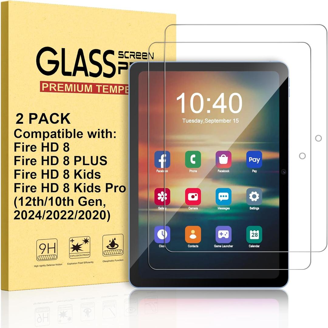 [2-Pack] Screen Protector for F i r e HD 8 & 8 Plus & 8 Kids & 8 Kids Pro tablet (12th/ 10th Generation, 2024/ 2022/ 2020 Release), 9H Hardness Tempered Glass [Durable] [Anti-Scratch] [Easy Installation]