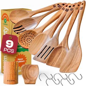 Riveira 9 Pieces Teak Wooden Spoons For Cooking – Premium & Durable Organic Teak Wooden Cooking Utensils – Non Stick Wooden Spatula For Cooking – Non Toxic Utensil Set With Holder & Spoon Rest