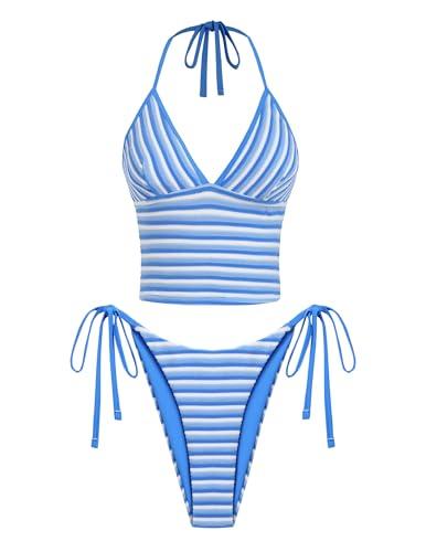 ZAFUL Swim Suit for Women 2025 Halter Neck Self Tie Bikini Bathing Suit Sexy V Neck Fashion Tankini Set Blue L
