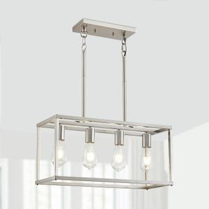Lanhall 4-Light Dining Room Light Fixture Farmhouse Chandelier Brushed Nickel Modern Kitchen Island Pendant Lights Rectangular Hanging Lights Adjustable Height Metal E26 Base