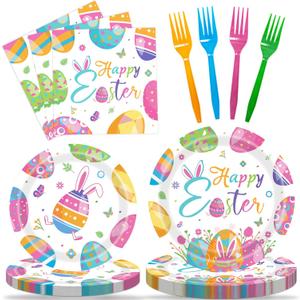 2 x 96 Pcs Happy Easter Plates and Napkins Forks Sets - Colorful Eggs Themed Round Tableware, Disposable Spring Flowers Paper Plates Napkins Set for Easter Party Supplies Favors Table Decor, Serves 24