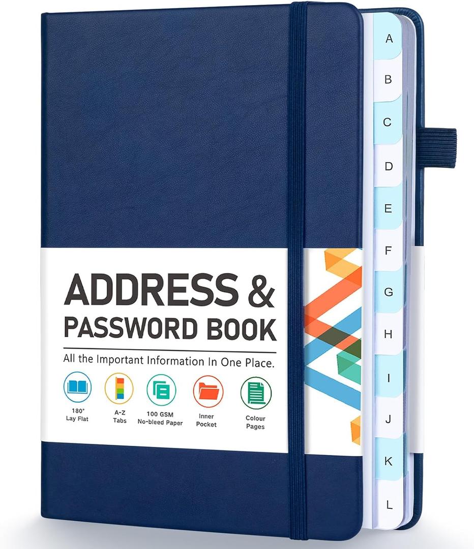 Address Book, Address and Password Keeper Book with Alphabetical Tabs, Hardcover Telephone Book Address Organizer Record with Pocket, Colored Pages, 5.3" x 7.7", Navy Blue