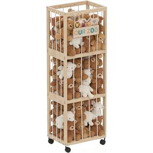 Stuffed Animal Zoo Storage with Wheels, Mobile Wooden Toy Organizer Cage with Elastic Band, Easy Assembly Large Capacity for Nursery Playroom Bedroom