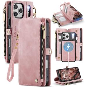 Defencase for iPhone 17 Pro Max Magnetic Wallet Case Compatible with Magsafe with RFID Blocking Zipper & Card Holder for Women PU Leather Strap Detachable Case for iPhone 17 Pro Max 6.9", Rose Pink