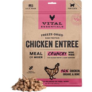 Vital Essentials Freeze Dried Cat Food, Raw Chicken Crunchy Mini Nibs | Complete Meal or Topper | 96% Chicken, Organs & Bone | Limited Ingredient, High Protein, Grain Free Dry Cat Food | 12 oz Bag (EXP 04/18/27)