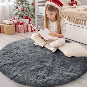 OLANLY Grey Round Rugs for Bedroom - Machine Washable, 4 ft Circle Area Rugs for Living Room, Soft and Fluffy Shaggy Carpet for Teen Girls and Boys, Nursery Rooms, Dorms, Home Decor Aesthetic