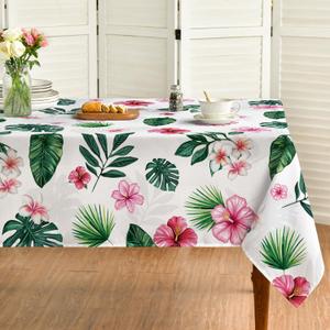 Horaldaily Summer Tablecloth 6060 Inch Square, Tropical Flowers Monstera White Washable Seasonal Table Cover for Party Picnic Dinner Decor