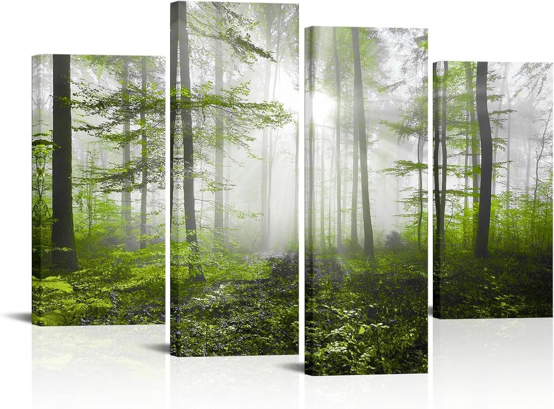 RyounoArt Green Forest Canvas Wall Art Foggy Tree Picture Painting Green Nature Prints for Home Wall Decor Framed Ready to Hang, Large,  Size: 12"x24"x2pcs+12"x32", 2pcs