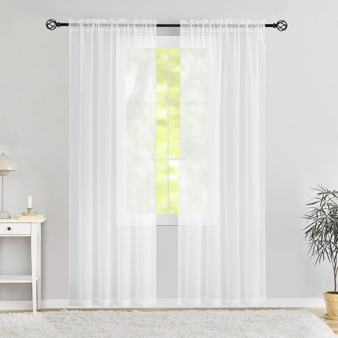 Semi Voile White Sheer Curtains 84 Inches Long 2 Panels Rod Pocket Window Treatment for Living Room Bedroom Dining Room(White 9x4ft)