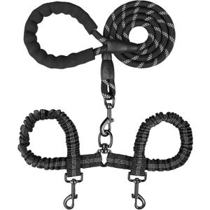Double Dog Leash, Dual Dog Leash, 360 Swivel Tangle Free Bungee Walking Training for Large Medium Dogs, Shock Absorbing Bungee Reflective for Two Dogs, 18~120 lbs, Black