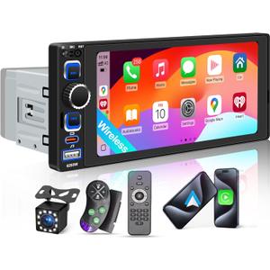 6.8" Single Din Car Stereo with Wireless Apple CarPlay Android Auto, Car Radio with 1280 * 600 IPS Touchscreen,Bluetooth 5.2, FM Radio,Dual USB Ports,Type-C Quick Charge, Backup Camera, EQ Subwoofer