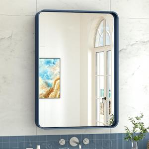 TokeShimi 24 x 32 Inch Blue Bathroom Mirror for Wall Metal Rounded Corner Rectangle Mirror Metal Frame Deep Set Design Hangs Horizontal Or Vertical (32"L x 24"W, Navy Blue)