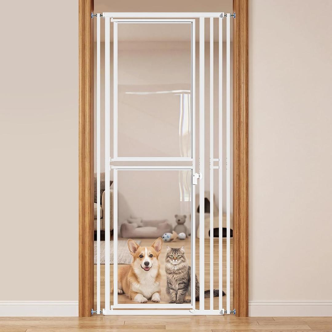 78.7" Extra Tall Cat Gate for Doorways, 27"-37" Wide Clear PC Pet Gate | Pressure Mounted Transparent Full Door Dog Gate with Auto Locking, for Stairs/Kitchen/Hallways/Laundry, No Drilling