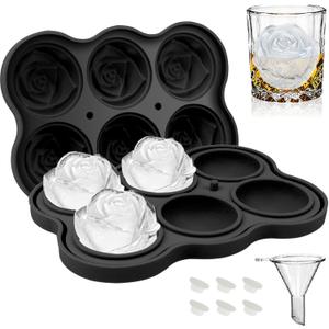 CAMKYDE Rose Ice Cube Tray 2 Inch [1 Mold + 1 Funnel + 6 Stoppers], 6 Cavity Silicone Rose Ice Cube Mold for Whiskey, Chilling Cocktails, Bourbon, Juice (Black)