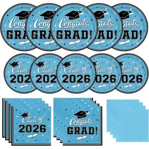 Graduation Plates and Napkins Gatherfun 2026 Graduation Party Supplies Sky Blue Disposable Paper Plates Cocktail Napkins for Congrats Grad Decorations, Serve 50