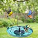 DazSpirit Hanging Bird Bath with Solar Fountain, 14.9" Metal Bird Bath for Outdoors, Fixed Solar Panel with 4 Nozzles, 3 Removable Decorative Birds, Hanging Birdbath for Garden Patio Porch Yard Gift
