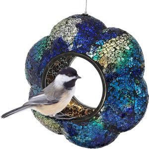 Sunnydaze 6-Inch Glass Mosaic Hanging Bird Feeder for Outdoors - Fly-Through Wild Bird Feeder - Rainbow Daisies