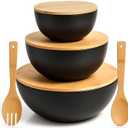 Vdomus Salad Serving Bowls with Lids - 5x10x10-Inch Bamboo Fiber Bowl Set with Wooden Lids - Multi-Purpose Bowl and Board Set for Kitchen - Mixing Bowl Set for Serving and Preparing Food - Set of 3
