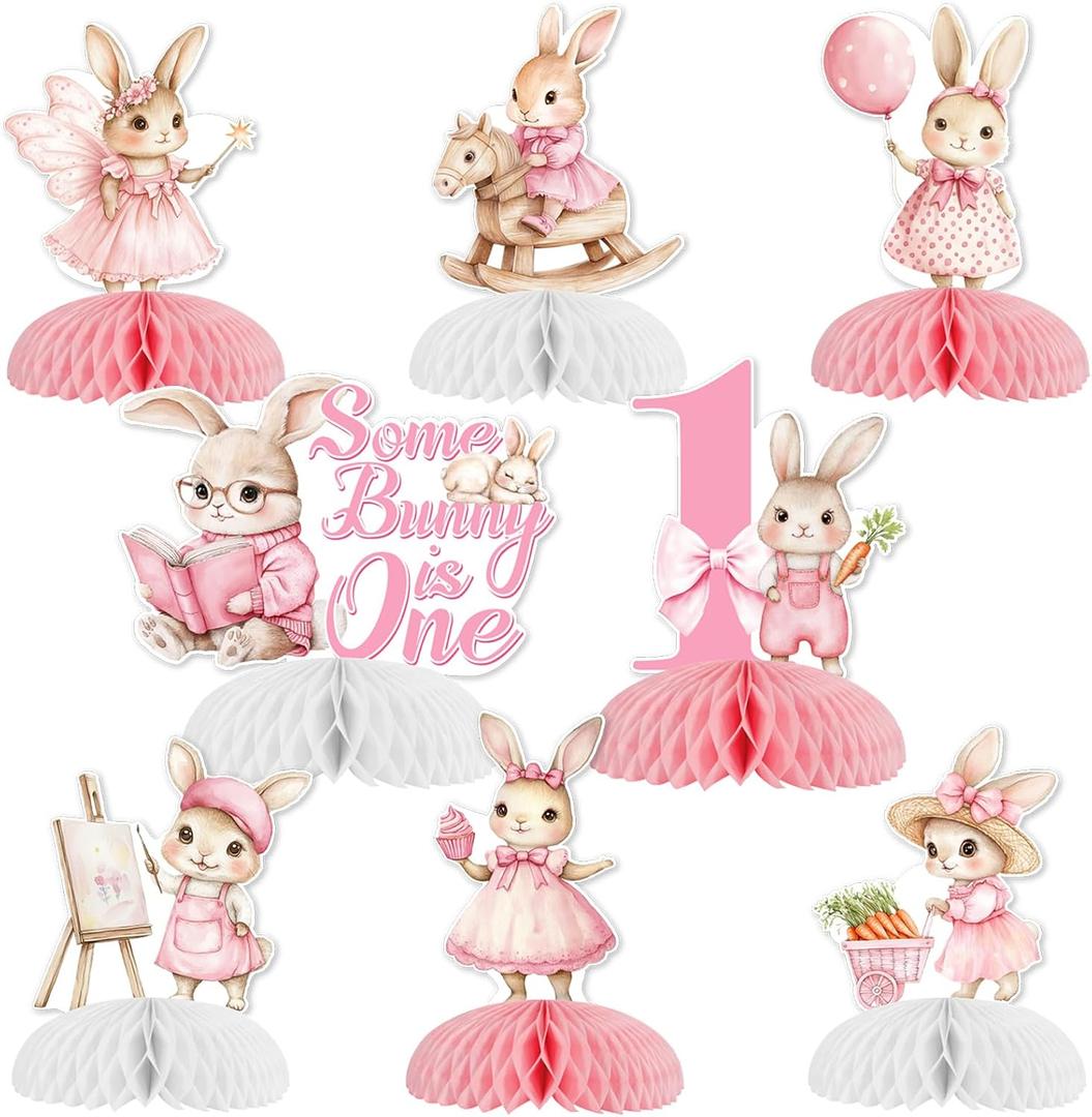 Some Bunny is One Birthday Decorations 8Pcs Bunny Honeycomb Centerpieces Pink Dress Rabbit Table Centerpieces Cute Animal Table Toppers for Girls First Birthday Party Supplies