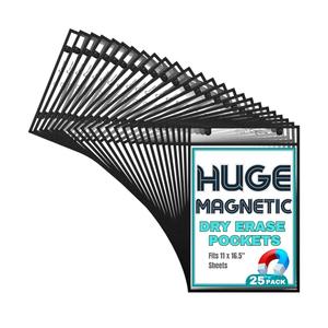 Huge Magnetic Dry Erase Pockets by Two Point (25-Pack) - Portrait - Fits 11 x 16.5 inch Pages, Black Dry Erase Sleeves, Job Shop Ticket Holders, Clear Paper Sleeves Protector, Magnetic Folder Pouch