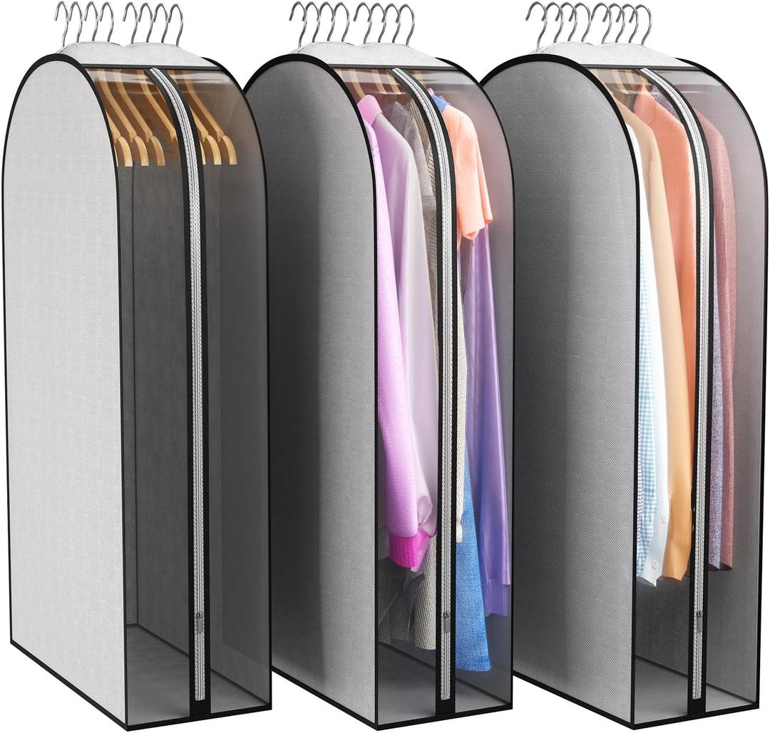 Liuoud 10" Gusseted Garment Bags for Hanging Clothes 40" Suit Bags for Open Closet Storage, Side Clear Clothing Cover for Coat, Dress, Jacket, Shirt, Fur Wardrobe Protector, 3 Packs, Grey