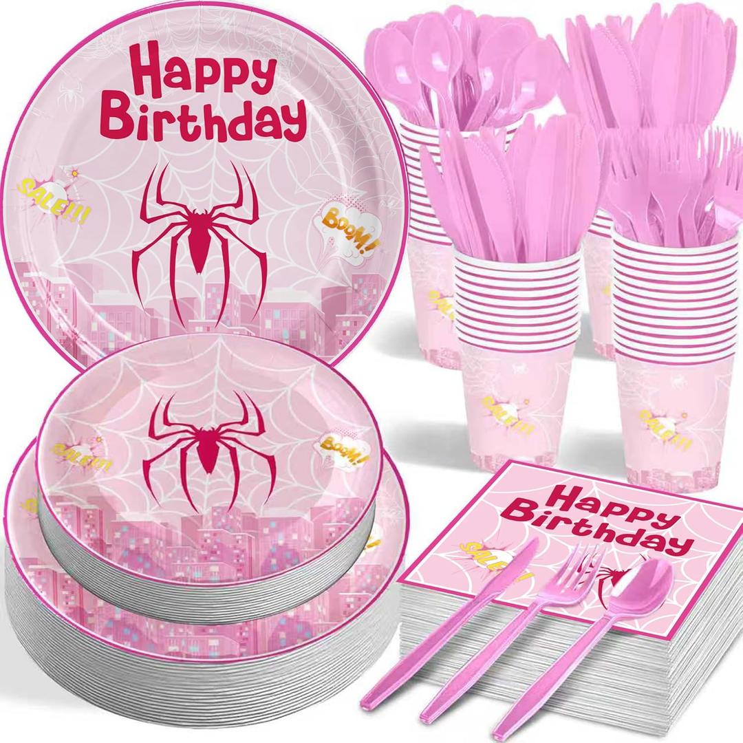 168 PCS Pink Cartoon Happy Birthday Party Decorations Set - Pink Cartoon Theme Plates Napkins Disposable Paper Cups Tableware Set Birthday Party Supplies for Boys Girls