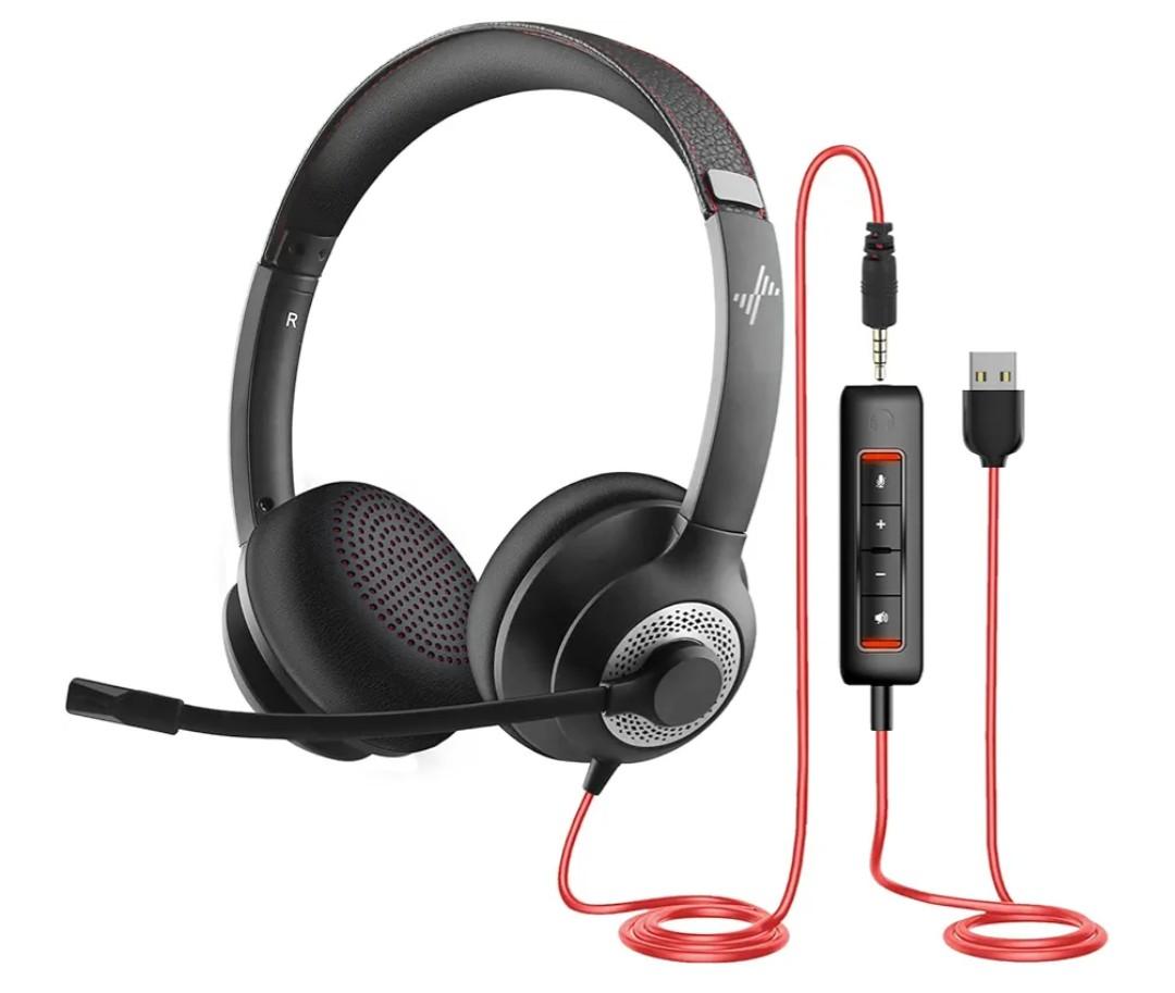 USB Headset with Microphone for PC, On-Ear Computer Laptop Headphones with Noise Cancelling Microphone in-line Control for Home Office Online Class Skype Zoom (USB+3.5mm, Black)