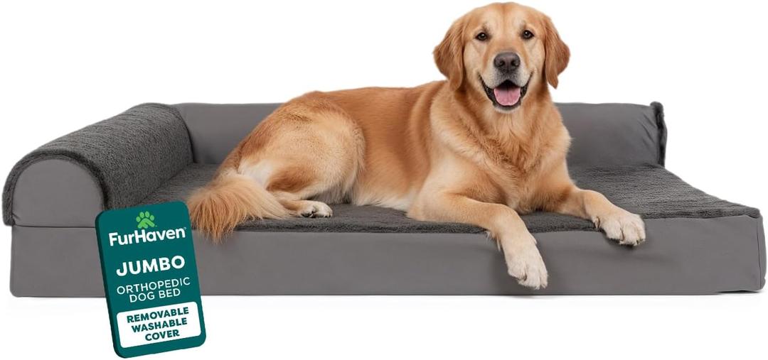 FurHaven Orthopedic Dog Bed for Large Dogs, L-Shaped Chaise Mattress with Orthopedic Egg Crate & Solid Orthopedic Foam Base for Joint Support, Washable Cover, Jumbo XL, Plush & Velvet, Platinum Gray